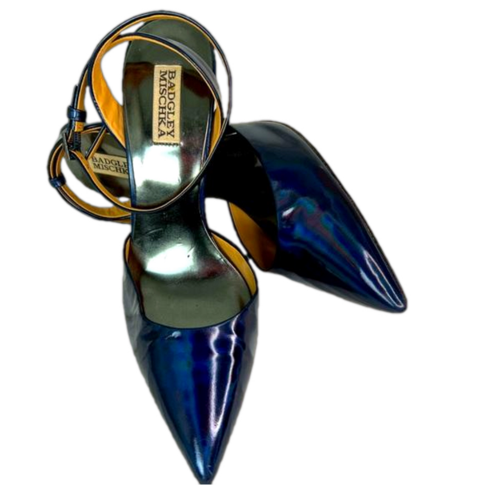 100%Authentic Badgley Mischka Blue Holographic pointy Toe ankle strap Heel Sz 10